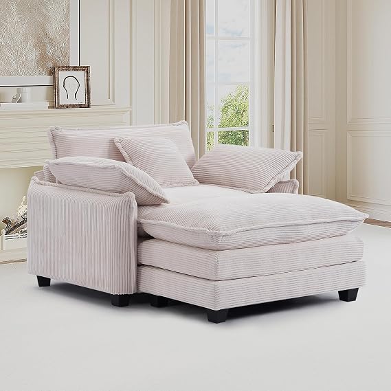 Oversized Chair with Ottoman for Living Room, Large Corduroy Accent Chair with Footrest, 350lb Capacity Comfy Lounge Chair for Bedroom, Apartment, Reading Room, Beige
