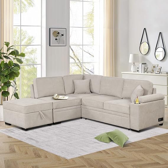 Flieks Sleeper Sofa Bed,2 in 1 Pull Out Sofa Bed L Shape Couch with Storage Ottoman for Living Room,Bedroom Couch and Small Apartment,Beige