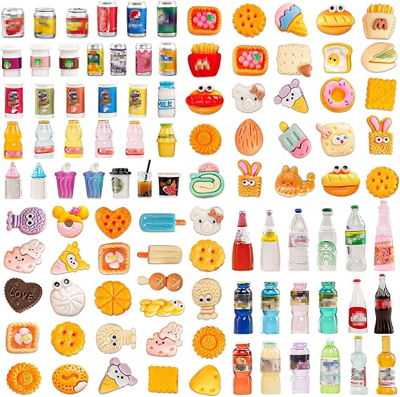 100pcs Miniature Food Drink Brand Bottles Dollhouse Kitchen Decorations | Soda Pop Cans Cake Ice Cream Pretend Play Kitchen Game Party Accessories Toys for 1/12 Doll House Resin Food&Figures
