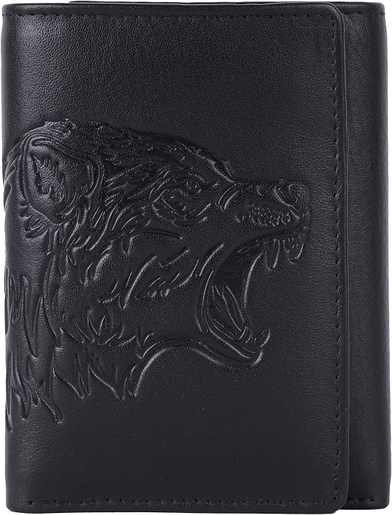 Wild Wolf Black Trifold Wallet for Men Full-Grain Nappa Leather, RFID Blocking, Unique Embossed Design, Gift for Husband, Dad, or Boyfriend