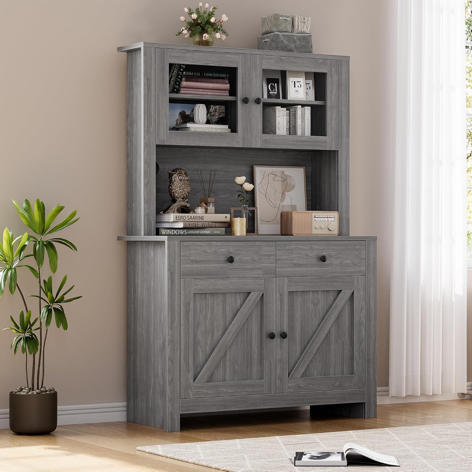 GarveeHome Farmhouse Pantry Cabinet, Kitchen Pantry Storage Cabinet with Microwave Stand, Rustic Buffet Sideboard with Sliding Door, Freestanding Cupboard with Shelves for Dining Room, Dark Grey