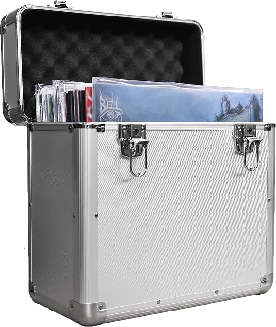 Maison & White Vinyl Record Storage Case – Aluminium DJ Box Holds 50 LPs – Secure Locking Chest for 12” LPs, Albums & Singles – Heavy Duty Collector Case with Handle – Silver Audio Storage – M&W