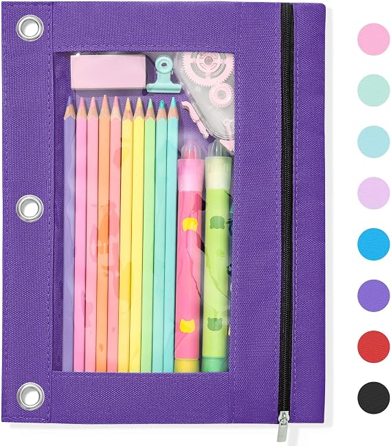 SUNEE Pencil Pouch for 3 Ring Binder, Large Zipper Pencil Case with Clear Window, 3 Reinforced Grommets, Binder Accessories for School and Office Supplies Storage, Purple