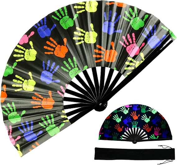 TRENDBOX Large Folding Hand Fan, UV Glow Fan for Rave, Festival Folding Hand Fan for Women Men with Velvet Bag for Decorations, Party, Dance and Music Festival - Colorful Palm