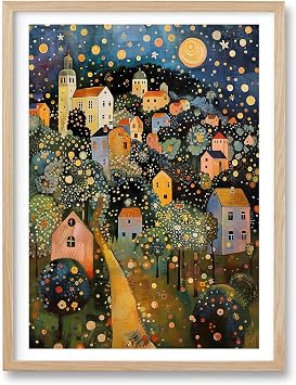 HesenDot Natural OAK Wood Frame Wall Art,12x16in Gustav Klimt Style Moon Stars Tree Canvas Print Posters Art,Village Night Wall Decor for Living Room Bedroom Home, Set of 1