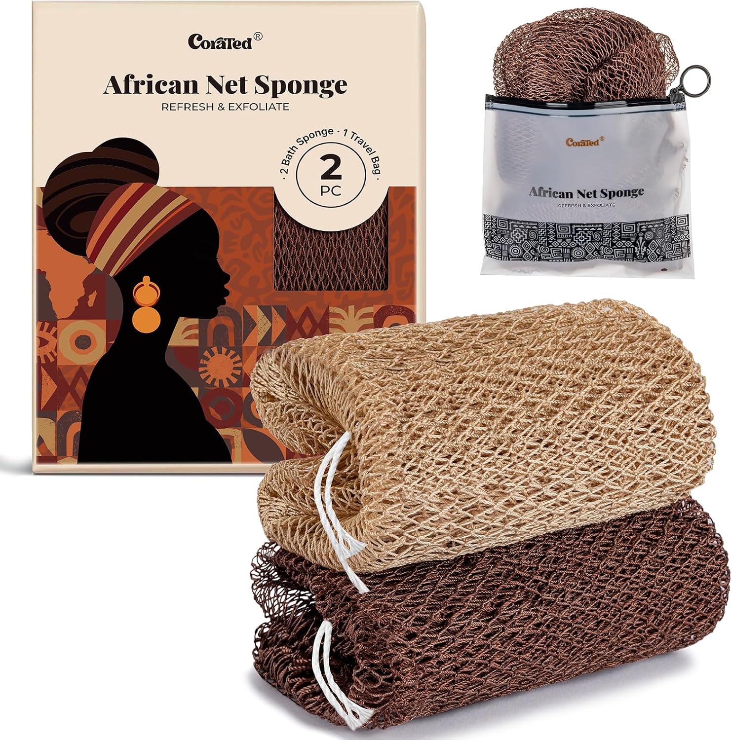 CORATED 2pcs African Exfoliating Net Sponge Set - Bath & Shower Net Sponges, Back Scrubber Washcloth for Shower, Beauty Skin Cleaning for Shower Spa Massage (Linen & Brown)