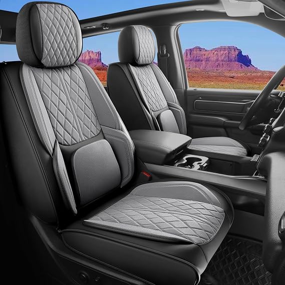 Car Seat Cover Custom Fit for Ford F150 2009-2025 Faux Leather Seat Cover Set Compatible with Crew Quad Regular Cab Pickup Truck Cushions (Black & Grey, Full Set)