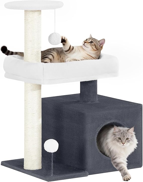 Cat Tree Tower, 75cm Small Scratching Tree, Dark Grey & White | Comfy Condo, 2 Sisal Scratching Posts, Resting Platform & Top Viewing Perch, Pompoms, for Indoor Cats FPMS009FG2
