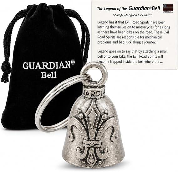 Guardian Bell Fleur De Lis Good Luck Bell w/Keyring & Black Velvet Gift Bag | Motorcycle Bell | Lead-Free Pewter | Good Luck Gift