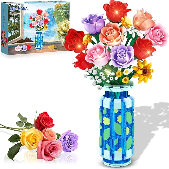 CUBIMANA Roses Flowers Building Set with Vase & LED Light, 16 Mini Flowers Bouquet Botanical Building Blocks Toy, Gifts for Adults Kids, Artificial Flowers for Home Decor & Display