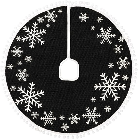 MACTING Christmas Black and White Tree Skirt, 30 Inch Burlap Tree Mat with White Large Small Snowflake Patterns Pom Poms for Xmas Tree Holiday Party Indoor Home Christmas Decorations