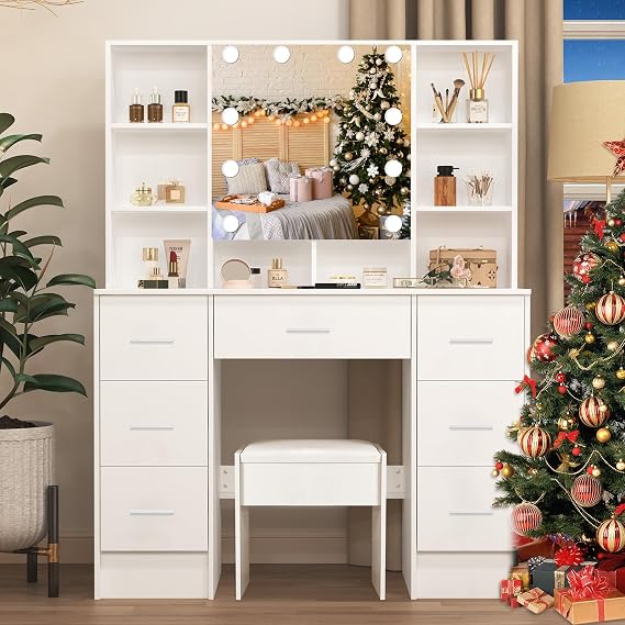 Vanity Desk with Mirror Lights, Makeup Desk with 7 Drawers and Cabinet, 3 Lighting Modes, White Vanity Set with Chair Stool for Bedroom