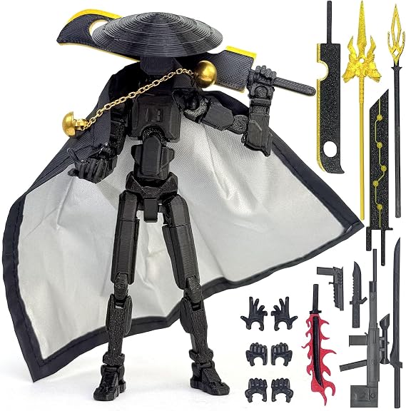Robo 13 3D Printed Action Figure, Fully Assembled Lucky Figure Movable Joint Toy | High-Posebility Dummy Action Figure with Cloak & Weapons,Upgraded Joint Design for Heavy Play, Black