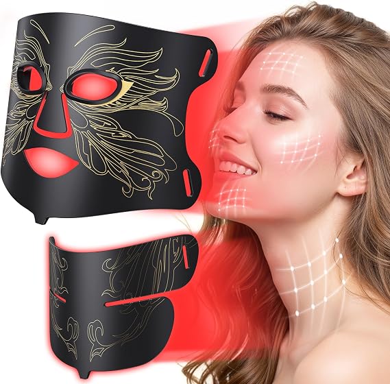 7-in-1 Red Light Therapy for Face & Neck, Skin-Friendly Silicone Red Light Therapy Mask with 324 LEDs, 5 Brightness Levels & 20 Mins Timer, Led Face Mask Light Therapy for Home & Travel Black