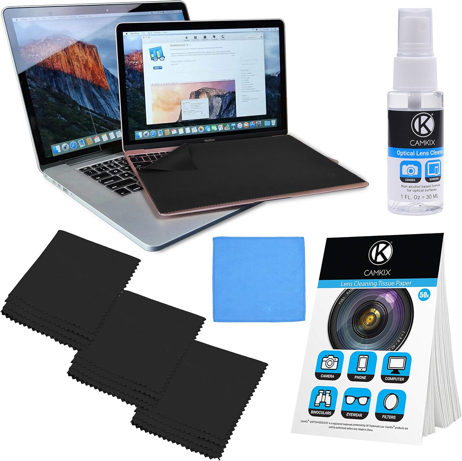 Camkix Microfiber Cover Cloth Cleaning Set - Compatible with 13” Macbook Air Retina, Macbook Pro - 4x Keyboard Liner, 1x Double Sided Cloth, 1x Lens Cleaning Paper Tissue Booklet, 1x Cleaning Spray