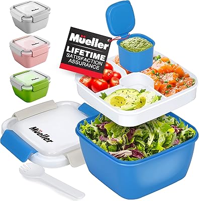 Mueller Salad Lunch Container To Go, Large 51-oz Salad Bowl, 3 Part Divided Tray, with Dressing Container and Reusable Spork Smart Locking Leakproof Salad Holder, Blue