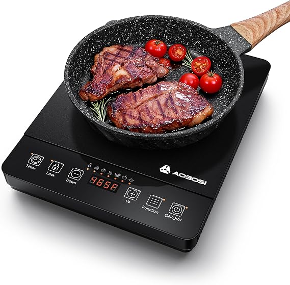 AOBOSI Portable induction cooktop, 1800W fast and efficient cooking, blue LCD screen, 17 power levels/20 temperature levels, pause/timer, keep warm, DIY three-stage program, Christmas gifts