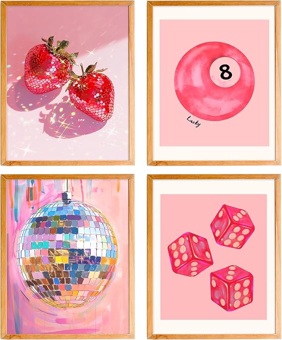 BearCake ファンキー トレンディ Y2K ピンク ウォールアート、プレッピールーム装飾、Y2K ルームデコ、レトロ8ボールディスコストロベリーラッキーダイスポスターウォールアートプリント 女の子の部屋寮の装飾用、12x16インチ 4枚セット フレームなし