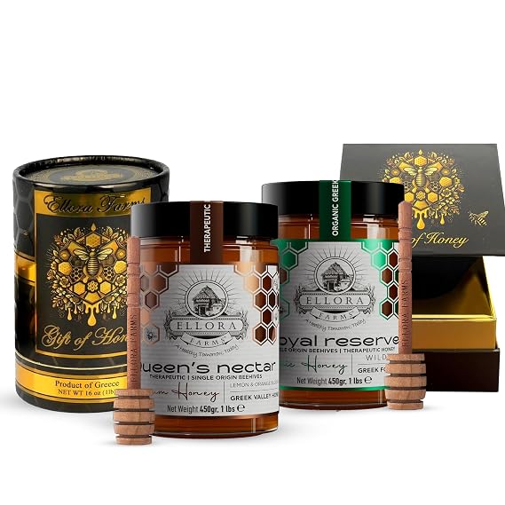 Ellora Farms Organic Greek Honey Duo Wild Thyme & Lemon Orange Blossom, Raw Unfiltered, Award-Winning Gift Pack (2 x 450g)