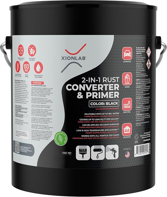 2-in-1 Rust Converter & Metal Primer - Black, Water-Based, Low VOC, Rust Remover for Metal, Reformer & Encapsulator, Ideal for Automotive, Maritime, Car Restoration, Covers up to 1,000 Sqft. Per Gallon. Anti-Rust Inhibitor & Neutralizer with Protection, Permanently Stops Corrosion. Made in the USA.