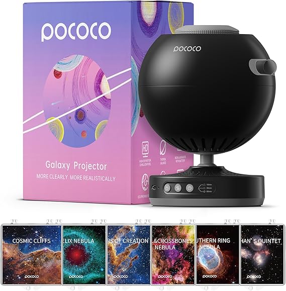 POCOCO Galaxy Star Projector + Fixed Star and Nebula Series Discs | 8 Discs Total, Rechargeable, 1W Soft Light, 2 Megapixel Lens, 5K Discs, Realistic Galaxy