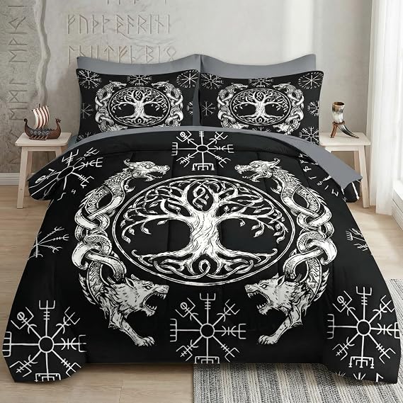 Queen Comforter Set with Sheets, 7 Pieces Vegvisir Norse Bedding