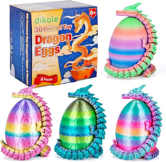 3D Printed Dragon Eggs with Articulated Dragon Inside, 4 Packs Fidget Toys for Kids & Adults, Easter Christmas Stocking Stuffers, Tabletop Decoration, Gradient Colorful Set