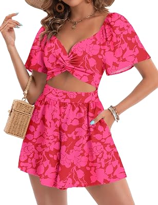 Womens Romper Summer Sexy V Neck Twist Puff Short Sleeve Casual Spring Mini Short Romper Jumpsuit