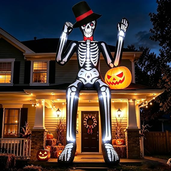 12FT Halloween Inflatables Giant Sitting Skeleton with Pumpkin