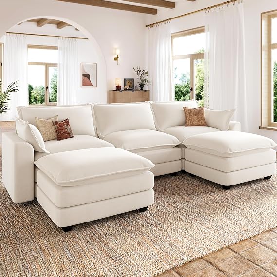 LARMACE 118" U Shaped Cloud Couch, Oversized Modular Sectional Sofa with Movable Ottoman, Comfy Chenille 5-Seater Sofa Deep Seat Couches for Living Room, Beige