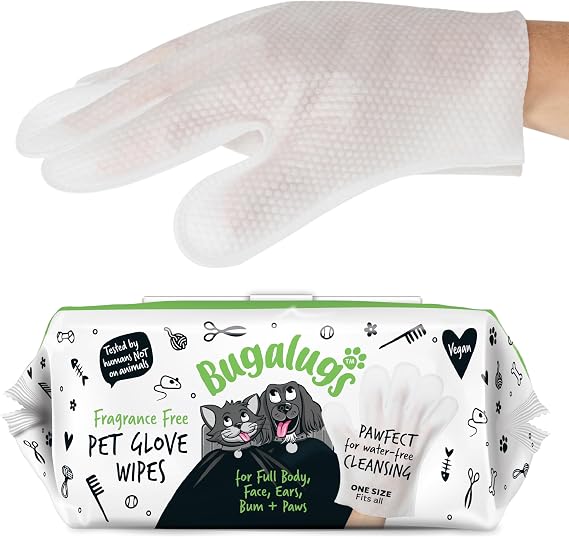 BUGALUGS Dog Glove Wipes, pet wipes for full body, eye wipes, ear wipes, bum & paws. 30 sensitive dog grooming glove wipes for dogs, puppy & cat grooming, One size fits all (Fragrance Free)