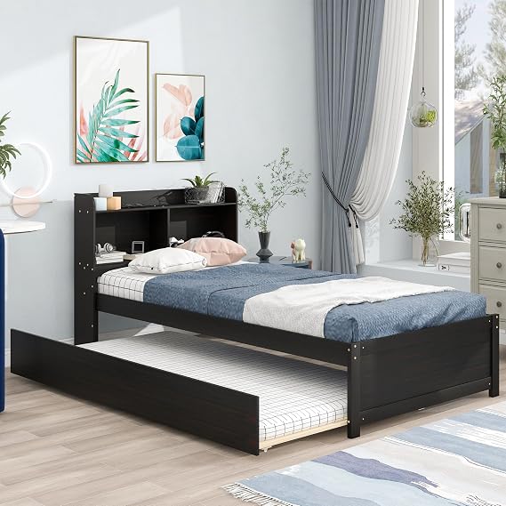 Twin Size Bed with Trundle,Twin Bed Frame with Storage Headboard, Twin Size Trundle Bed with Bookcase for Kids,Bookcase Bed Twin Size, Trundle Bed with Storage for Kids,Teens,Adults(Espresso)