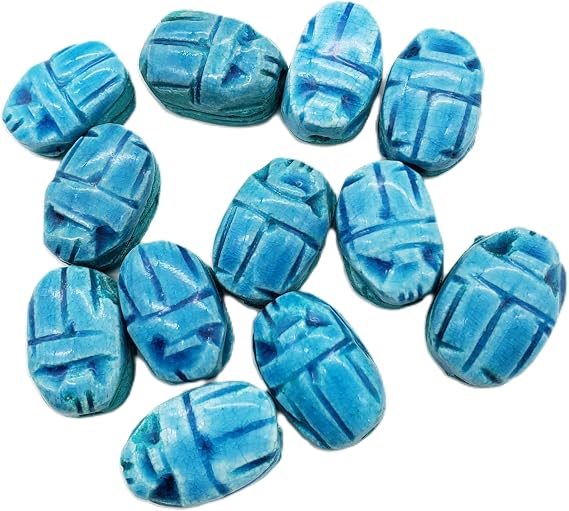 Egyptian Scarab Beads Set of 12 Medium - Vertical Drilled - Light Blue Hand-Carved Soapstone - Ancient Egypt Hieroglyphs - Made in Egypt
