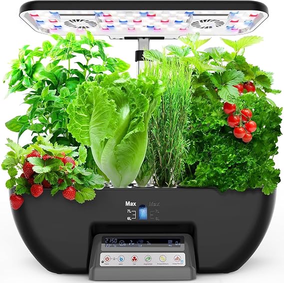 Hydroponic Cultivation System Kit, 17 Pod Herb Garden, 28W Full Spectrum Growth Lights and 2 Fans, Indoor Smart Garden Planter with Water Pump, 10L Water Tank, Automatic Timer, Height Adjustable Black