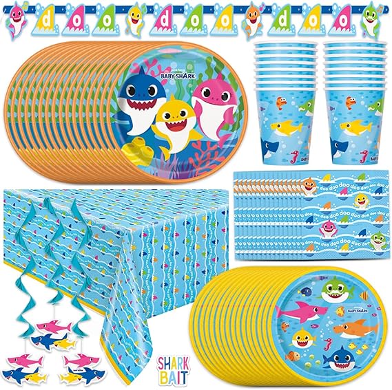 Baby Shark Birthday Decorations for Party with Banner, Table Cloth, Swirls | Officially Licensed Baby Shark Party Decorations with Plates and Napkins, Cups for 16 Guests, Paper Dinnerware Made in USA