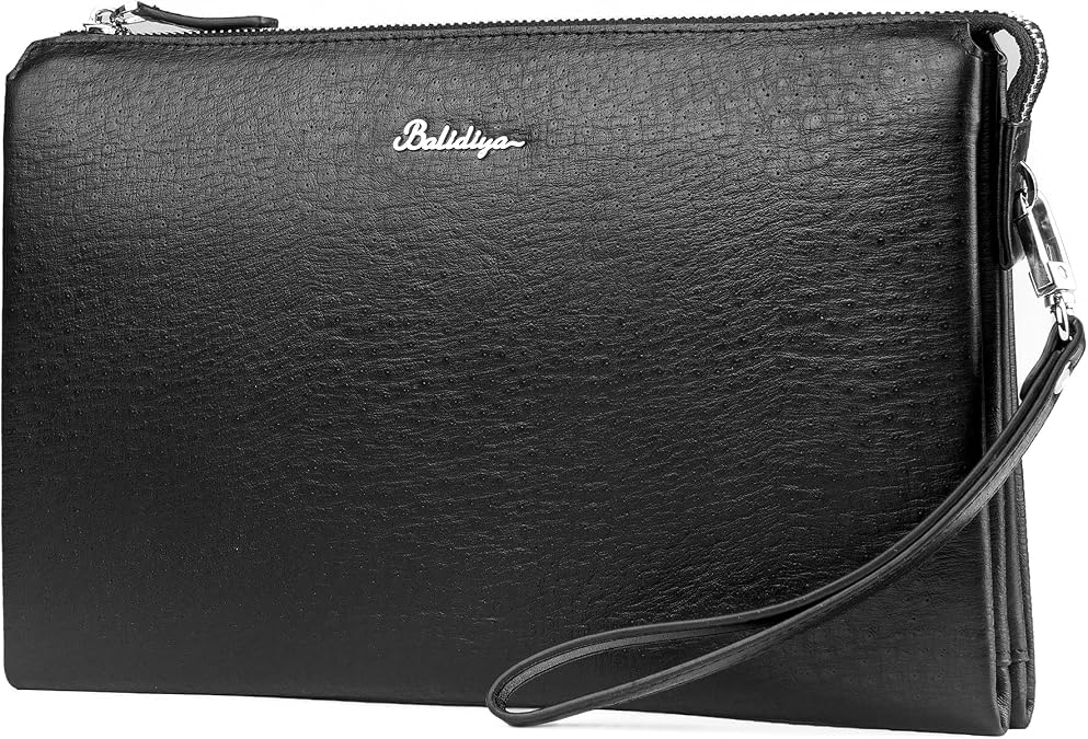 BALIDIYA Men Clutch Purse Leather Wallets Wristlet Handbag Business Zipper Bag