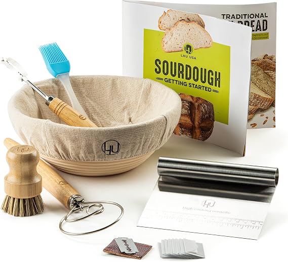 Sourdough Start Kit - Sourdough Bread Baking Supplies with Banneton Bread Proofing Basket Bowl, Cloth, Whisk, Bread Lame, Dough Scraper, 2 Brushes - Sourdough Starter Kit Bread Making & Baking Tools