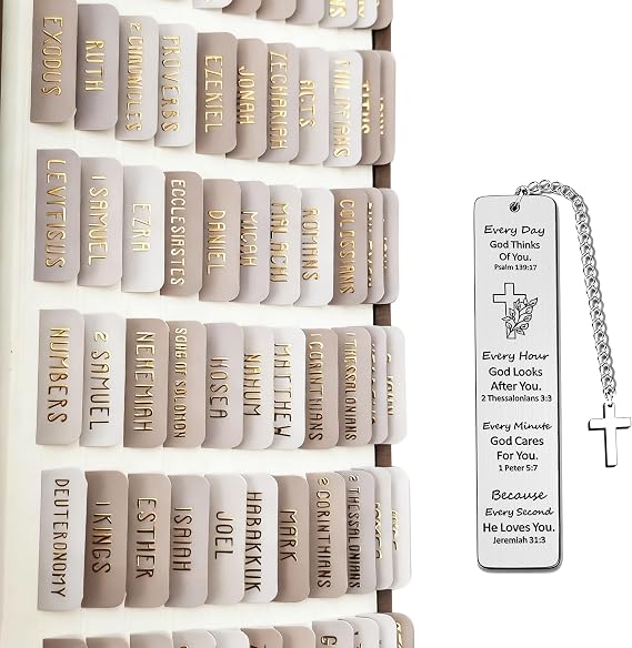 75-Piece Bible Tabs Set with Gold Foil Lettering & Metal Bookmark | Clear readable labels enable quick scripture navigation, durable laminated finish supports long-term study use