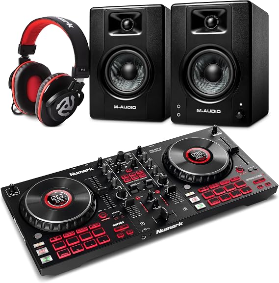 Numark Mixtrack Platinum FX DJ Controller and M-AUDIO BX4 Pair Studio Monitors with Headphones for Studio Recording, Music Production, Podcasting, Streaming