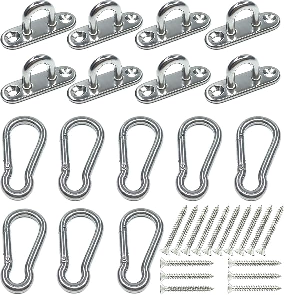 8Pcs 304 Stainless Steel 1.8 inch Pad Eye Hooks and 8Pcs 304 Stainless Steel Snap Hooks,Screw Ceiling Hook,Shade Sail Hardware,Outdoors String Lights Hangers with Screws Anchors