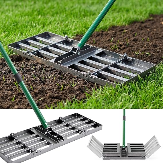 76x25cm Lawn Levelling Rake , Heavy Duty Lawn Leveller with 85-195cm Adjustable Handle, Foldable Ground Leveling Lute for Soil, Sand, Gravel, Ergonomic Design for Lawns, Golf Courses and Backyards