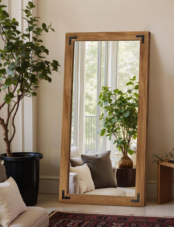 Wood Framed Full Length Mirror for Wall, 55"X28" Floor Standing Body Mirror
