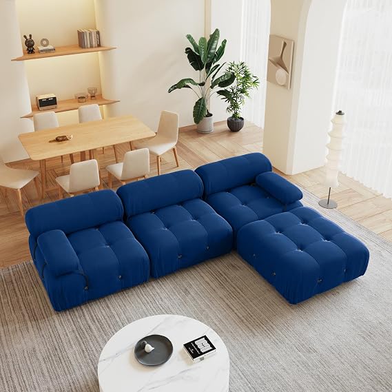 104'' Modular Sectional Couch, L-Shaped Velvet Bubble Couch with Reversible Chaise Ottoman, Modern Cloud Sectional Couches for Living Room, Apartment (3 Seats, 1 Ottoman, Blue)