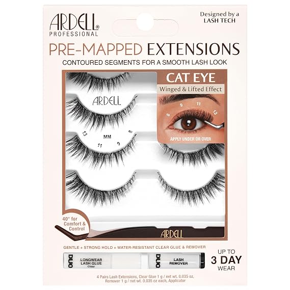 Ardell PreMapped Eyelash Extensions Kit Cat Eye Lashes Lash Clusters 4 Pair | Reusable Segmented DIY Cluster Lash Strips False Eyelashes with Clear Glue, Remover & Applicator, Lashes Natural