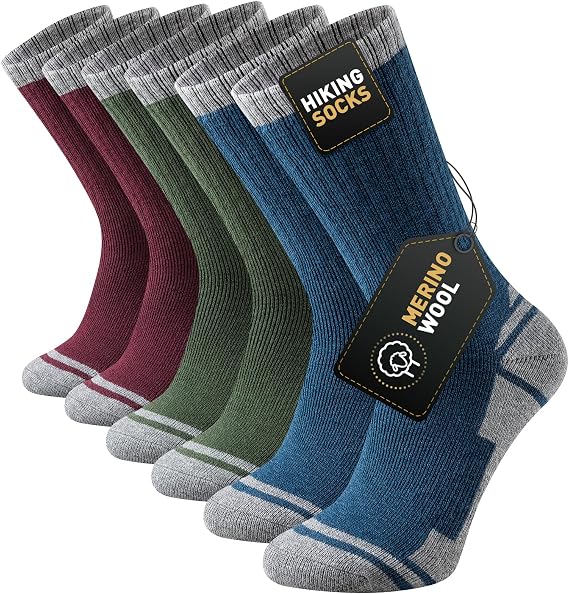 Merino Wool Hiking Socks Men Women, Thick Cushioned Walking Socks, Anti Blister Breathable Crew Sports Work Running Sock 3 Pairs