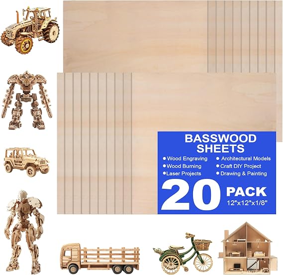 20 Pack 12"x12"x1/8" Basswood Sheets for Crafts,3mm Craft Wood Plywood,Unfinished Wood,for DIY Ornaments and Model Engraving,Wood for Laser Cutting,Architectural Models,Drawing,Wood Burning