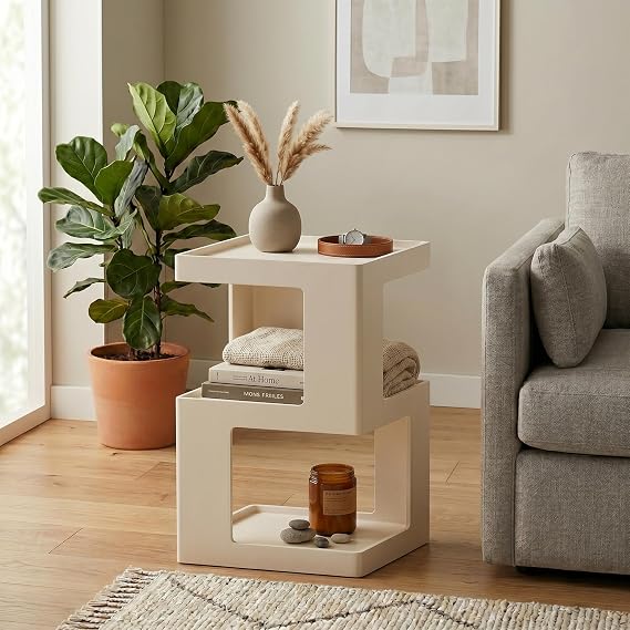 COZAYH Farmhouse Geometric Wood End Table, Distressed Accent Side Table with Two Storage Space, 3-Layer Cube Design for Bedroom, Living Room, Entryway, White