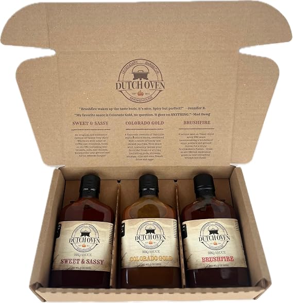 Dutch Oven Smokehouse BBQ Sauce Gift Set - Original 3 Pack with Sweet & Sassy, Brushfire, Colorado Gold - All-Natural, Small-Batch BBQ Sauces - Authentic Western Flavors - Ideal gift for Barbecue Grill Enthusiats