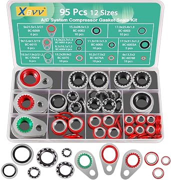 XBVV 95 PCS 12 Sizes Premium A/C Conditioning System Compressor Gasket Seal, Automotive Air Conditioning Compressor Port Seal Gasket Kit Bonded Gasket Seal Assortment Set