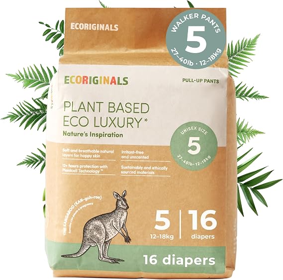Ecoriginals - 16 Eco Walker Pull Up - Nappy Pants with 100% Plant-Based Layers, Disposable Pull Ups & Hypoallergenic Baby Essentials for Toddlers - Secure Fit Size 5 Nappies (12-18Kg), 1 Pack